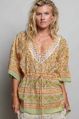 Trendsi POL Block Print Floral Tie Front Boho Blouse -