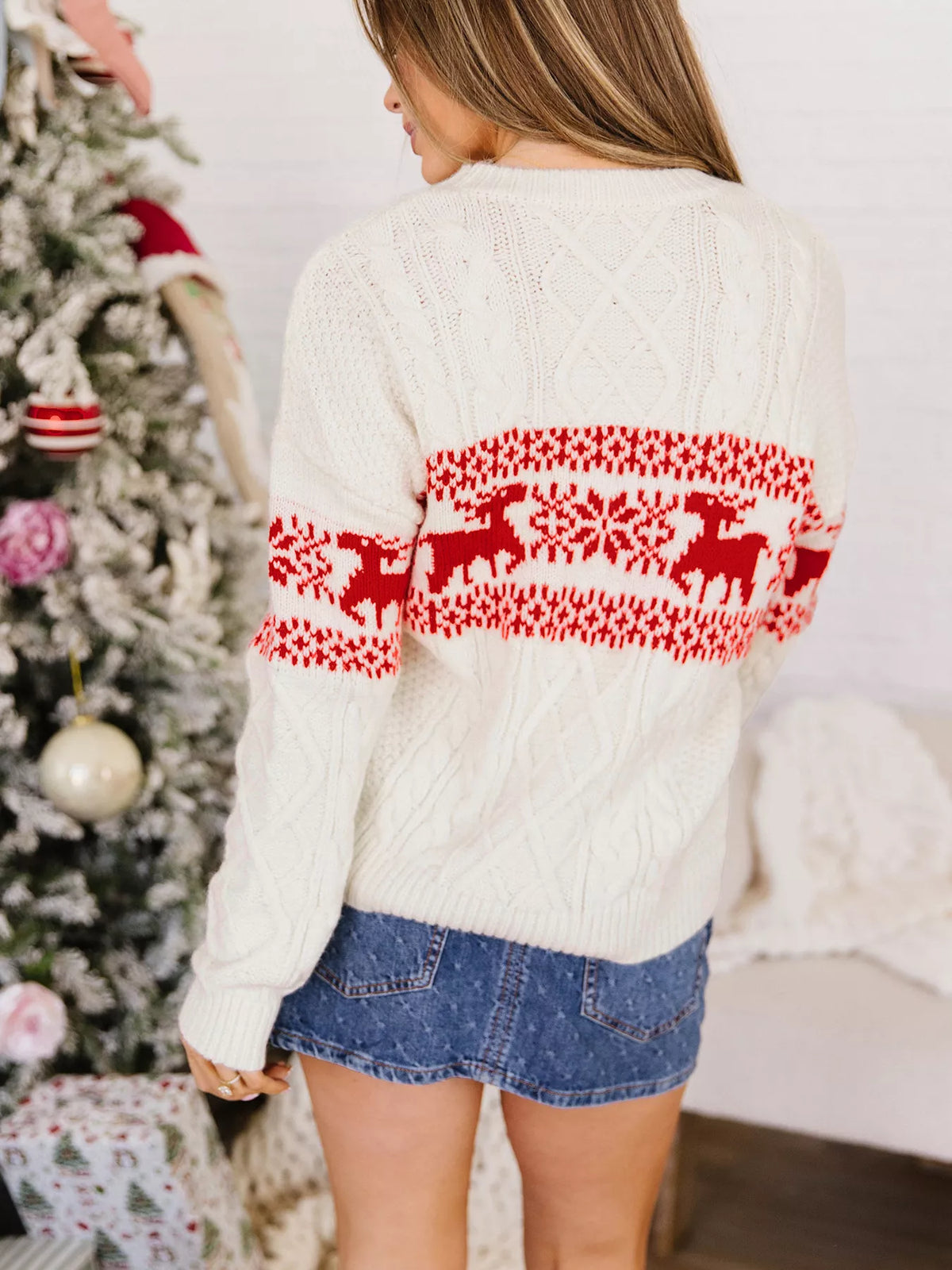 Reindeer Cable Knit Christmas Sweater in cream, back view