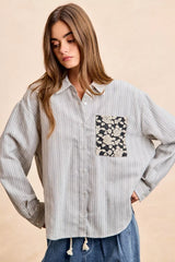 Trendsi BiBi Flower Jacquard Knit Patch Pocket Stripe Shirt -