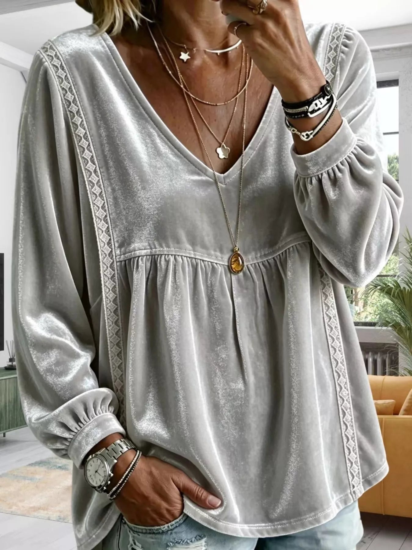 Trendsi Full Size Velvet Lace Detail V-Neck Blouse Plus Size -