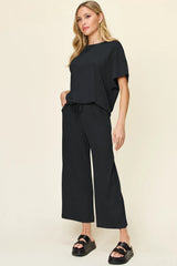 Trendsi Double Take Full Size Texture Round Neck Short Sleeve T-Shirt and Wide Leg Pants -