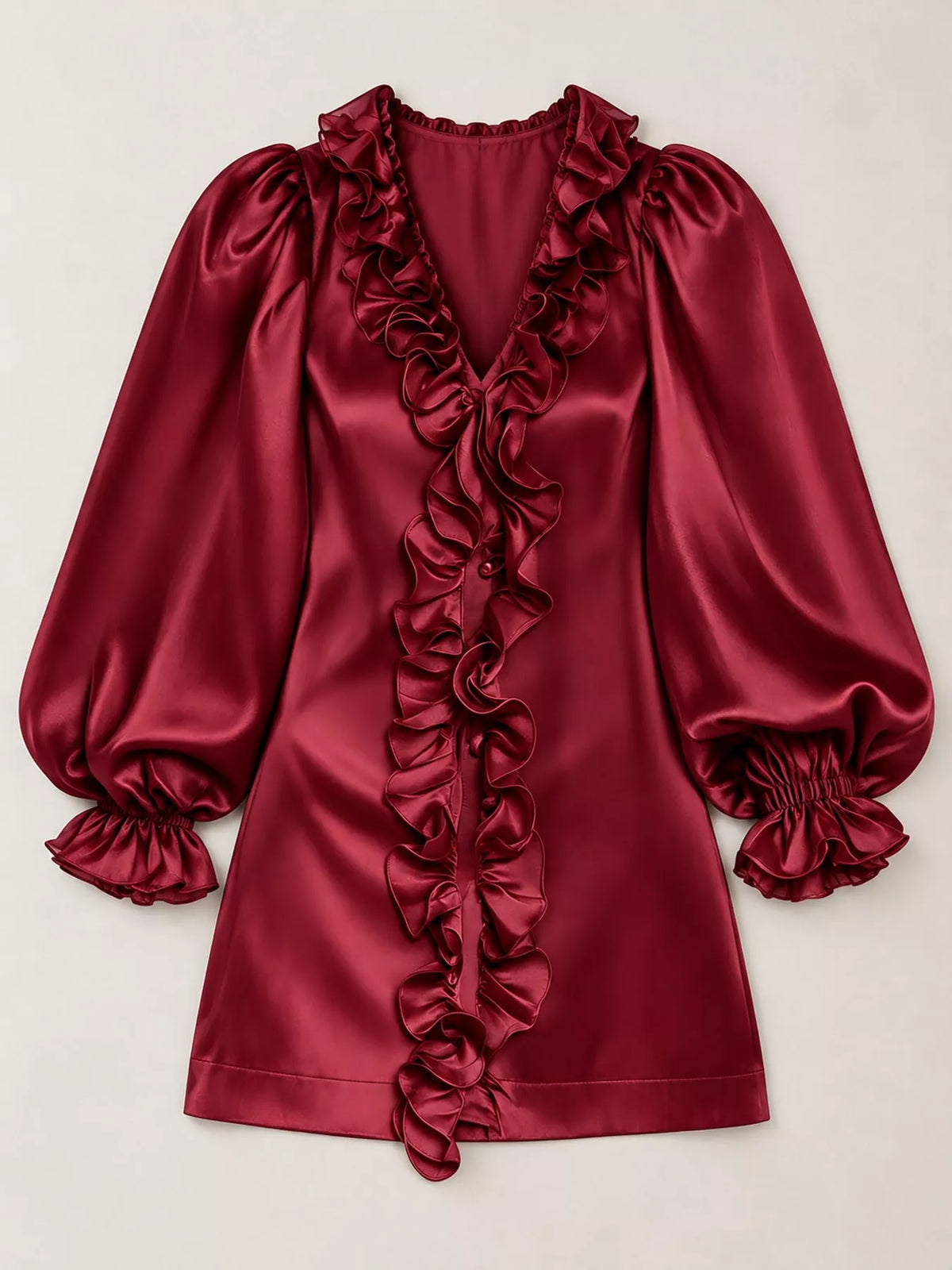 Ruffle Trim Puff Sleeve Mini Dress in burgundy, front view