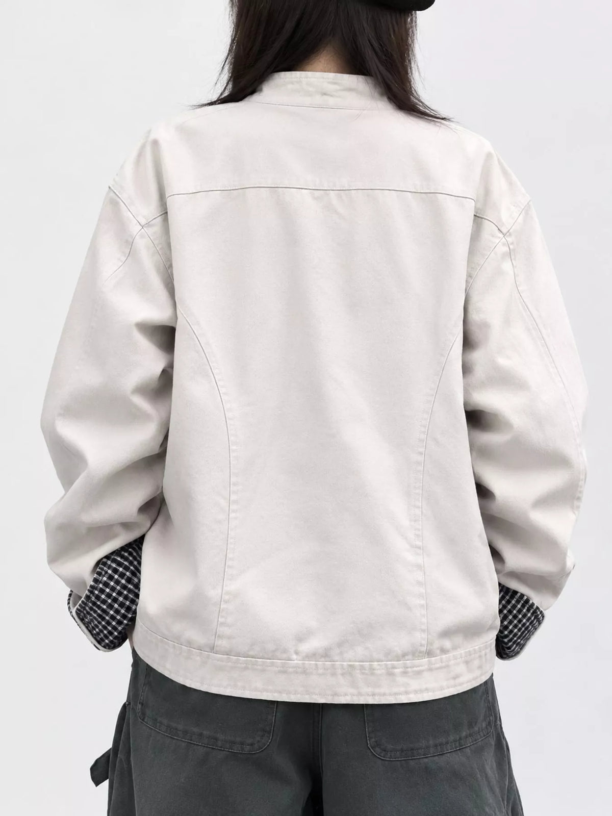 Cream contrast plaid cuffs zip-up jacket — back view