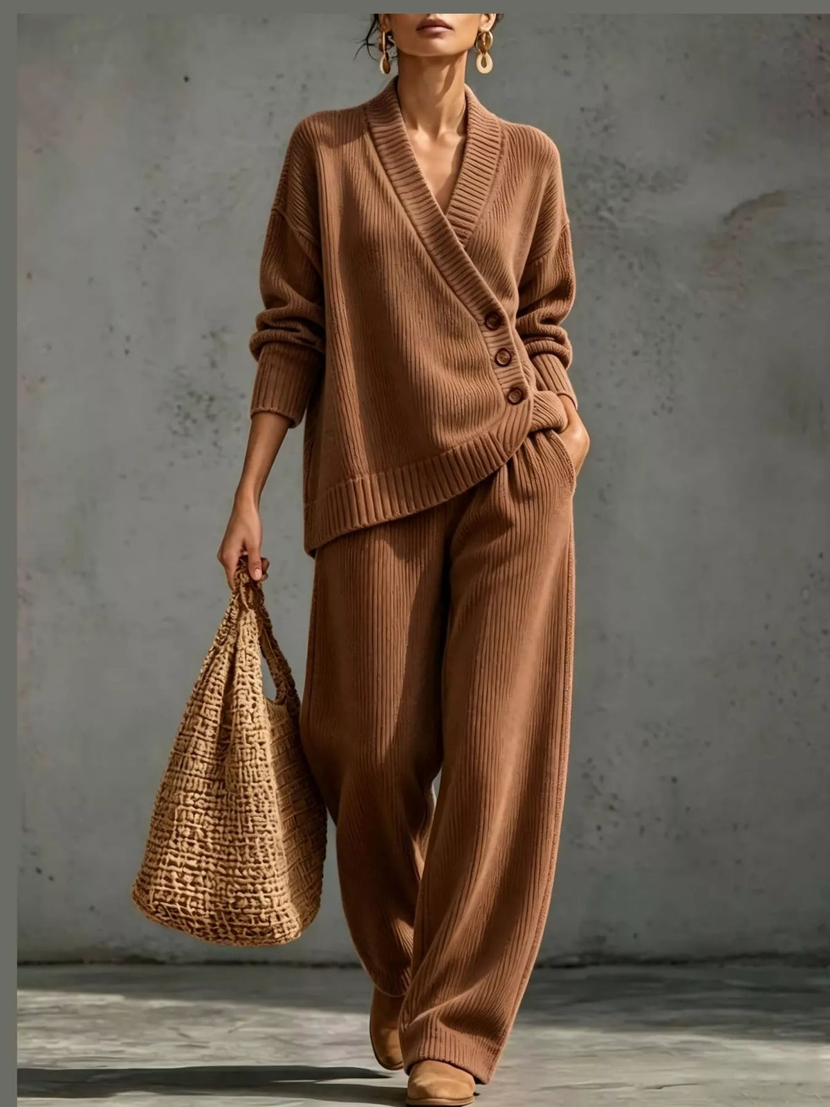 V-Neck Wrap Sweater and Wide-Leg Pants Set — front view