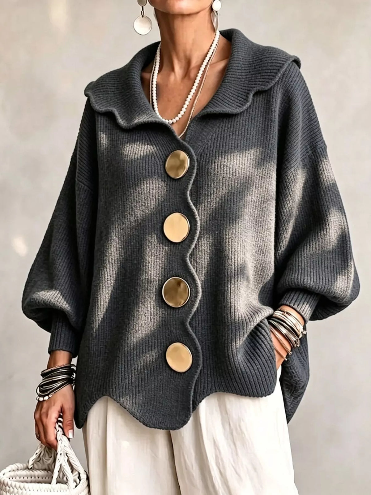 Dark gray scalloped-edge knit cardigan, front view
