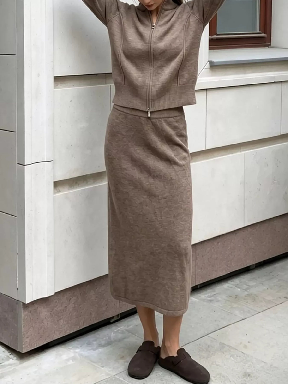 Zip-up cardigan and midi skirt knit set in taupe, waist and skirt detail