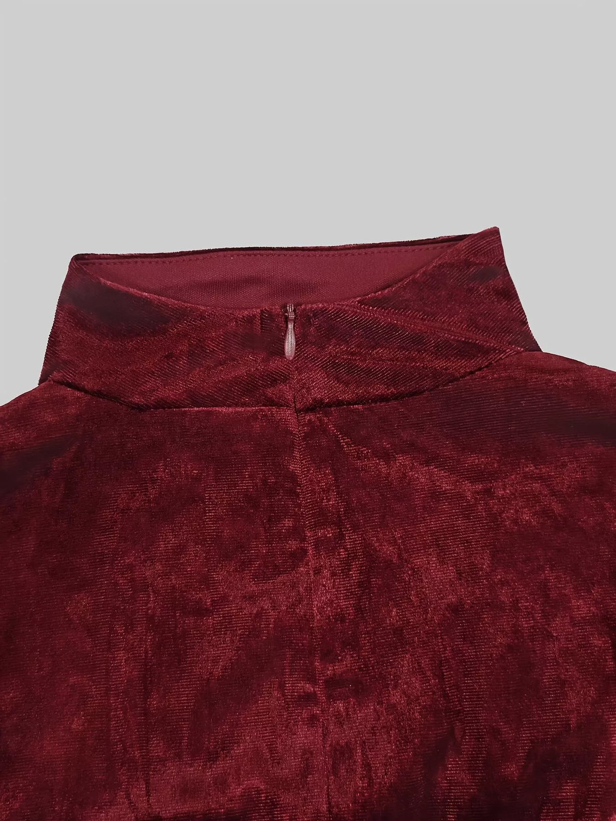 Burgundy velvet mock neck maxi dress, back neckline zipper detail