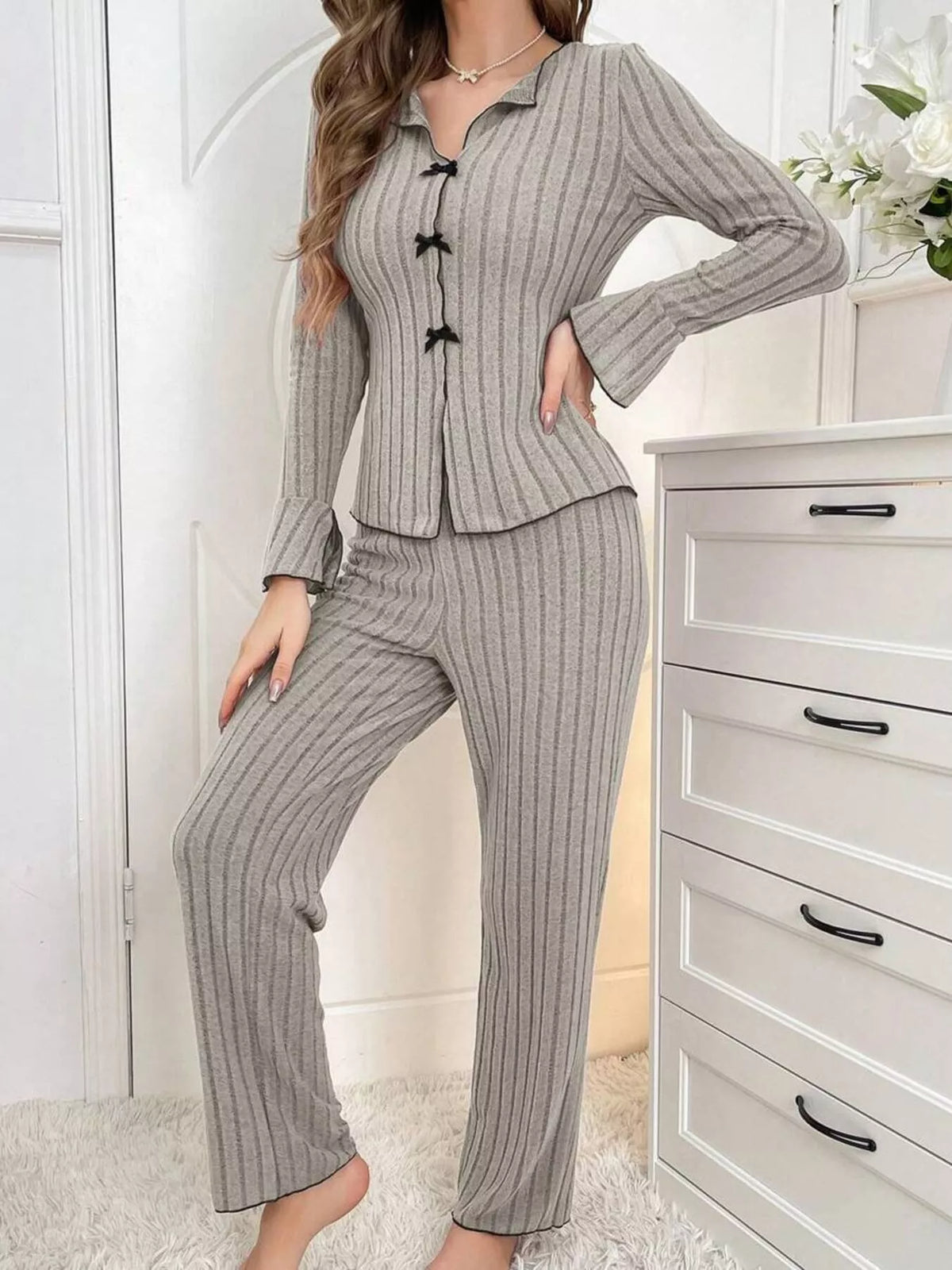 Women's Contrast Bow Detail Top and Pants Lounge Set in Gray, front view