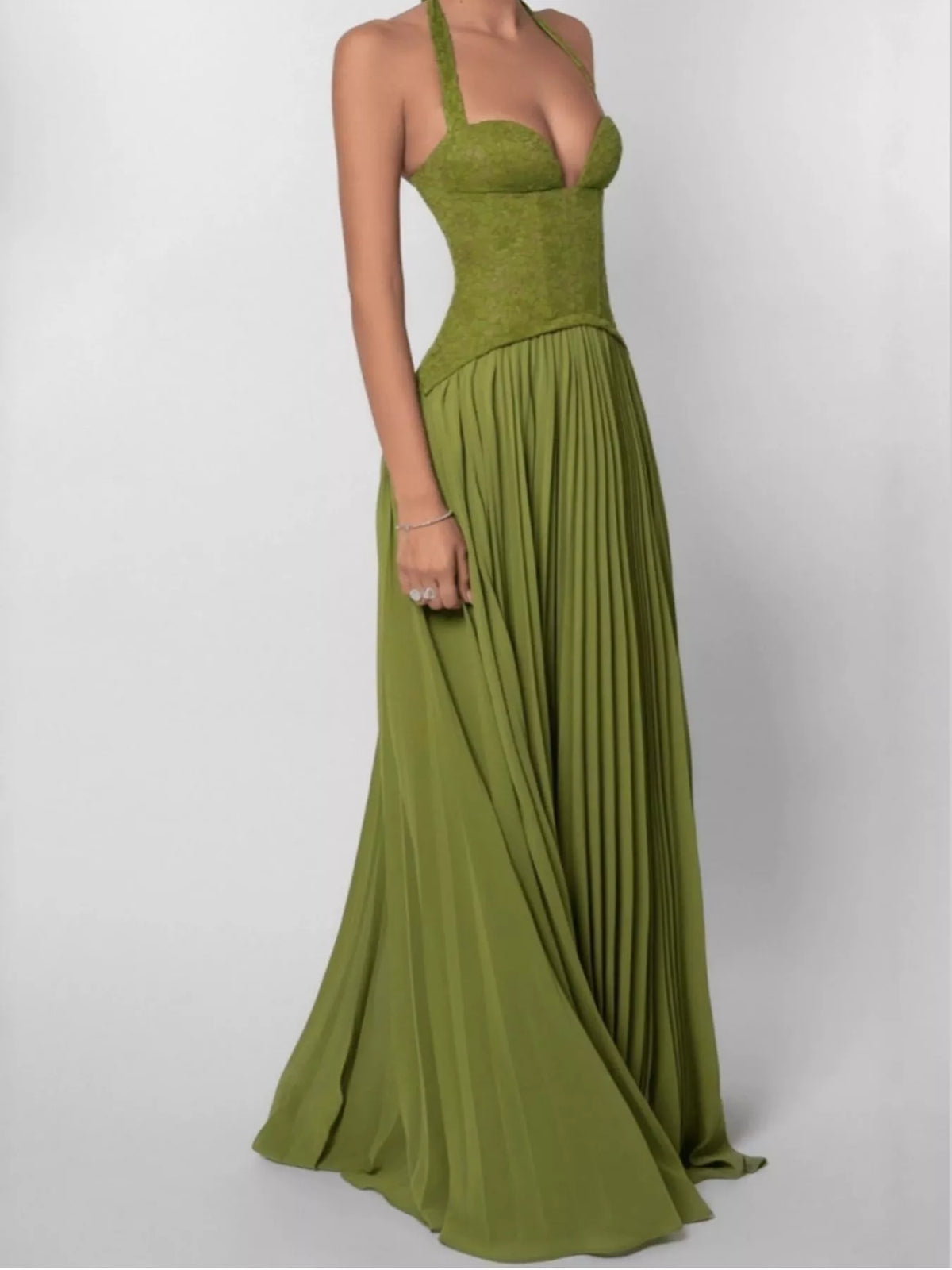 Lace Halter Neck Pleated Maxi Dress — front view