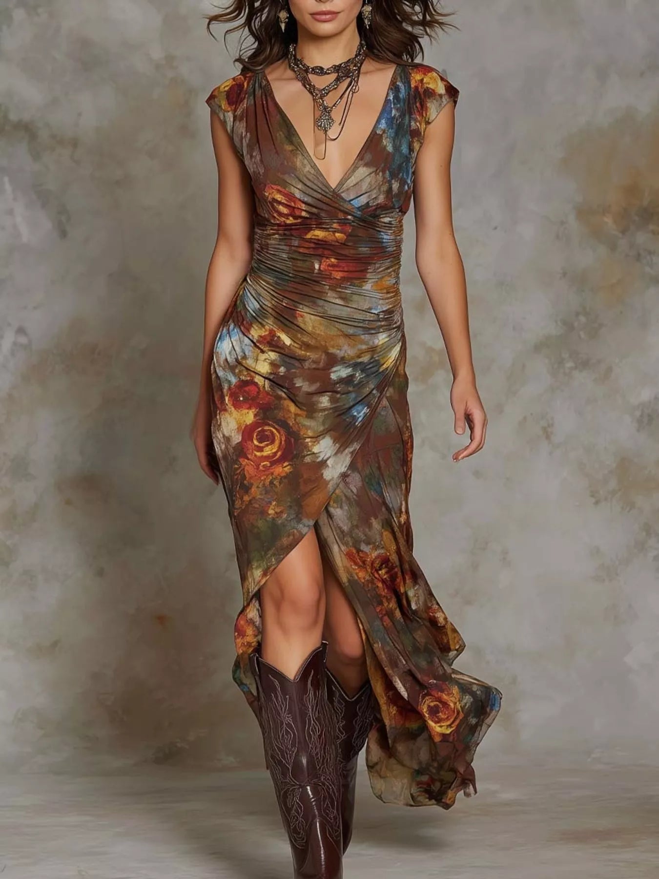 Trendsi Floral Print Ruched Wrap Midi Dress -
