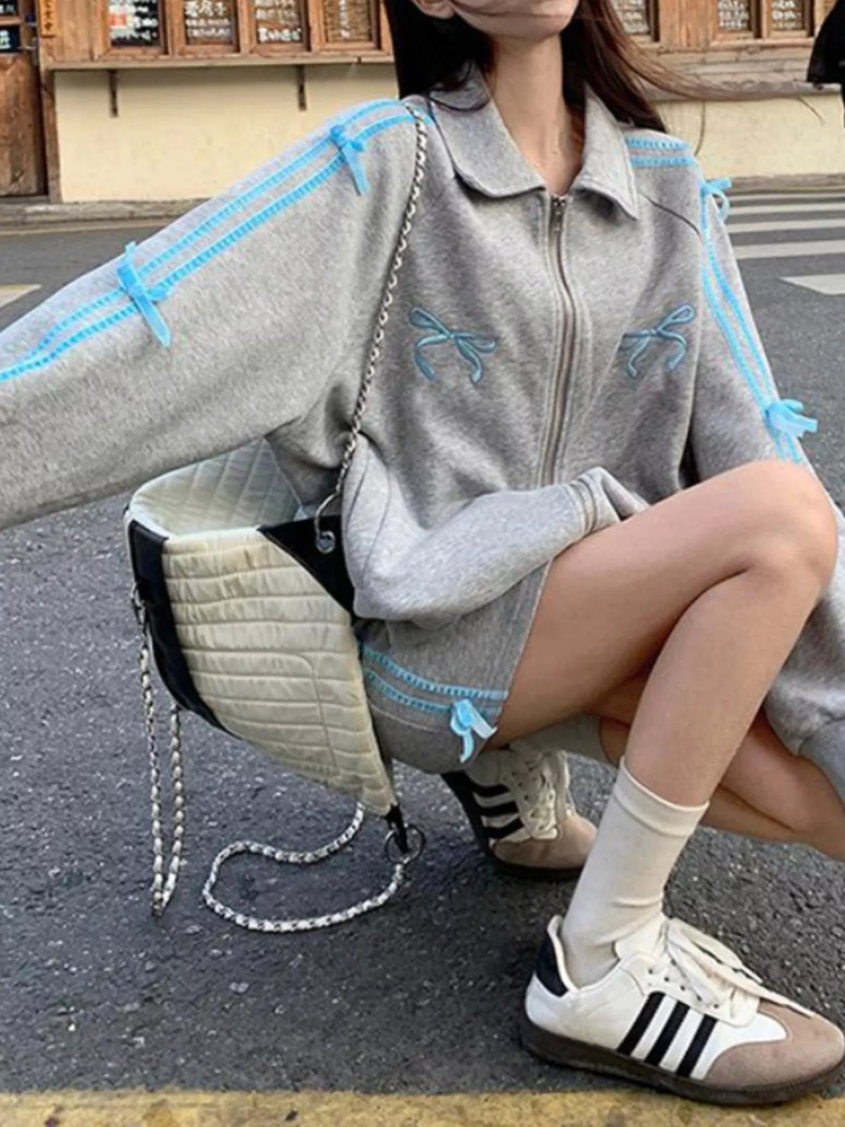 Heather Gray bow embroidered zip-up sweatshirt
