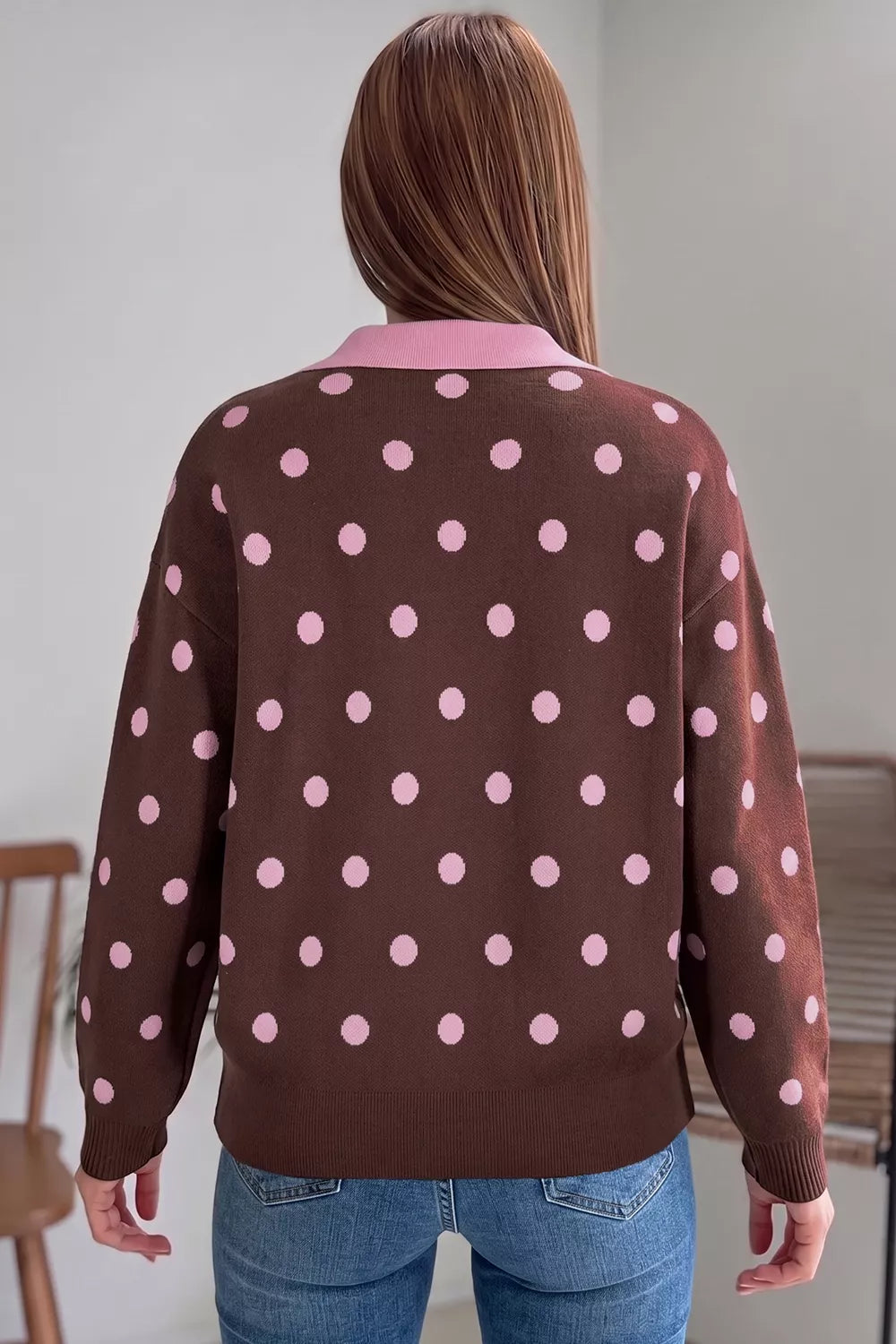Trendsi Polka Dot Pattern Color Block Collared Loose Pullover Sweater -