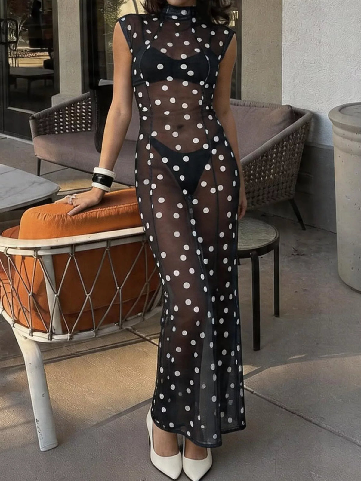 Sheer Polka Dot Maxi Dress — front view