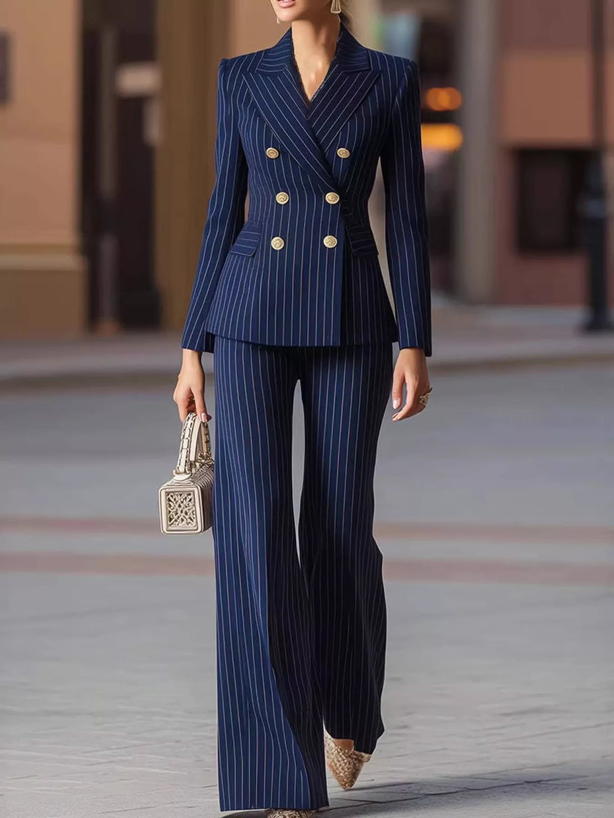 Pinstripe pantsuit, navy pinstripe suit front