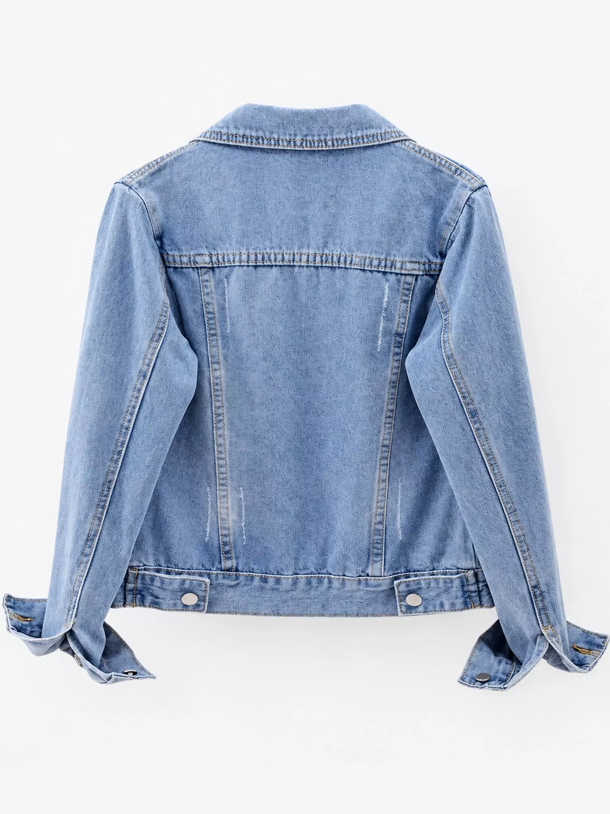 Light blue button-down front denim jacket, back view