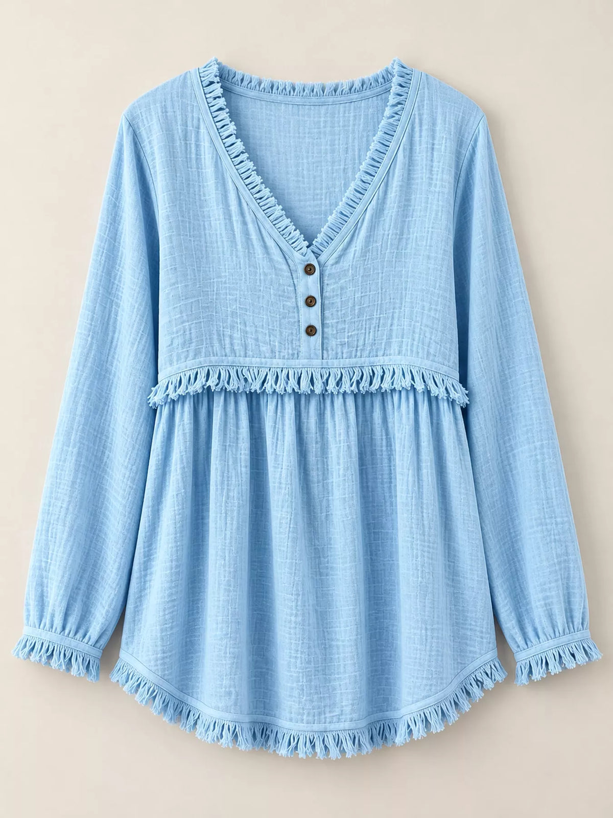 Fringe-trim blouse, light blue hanging front