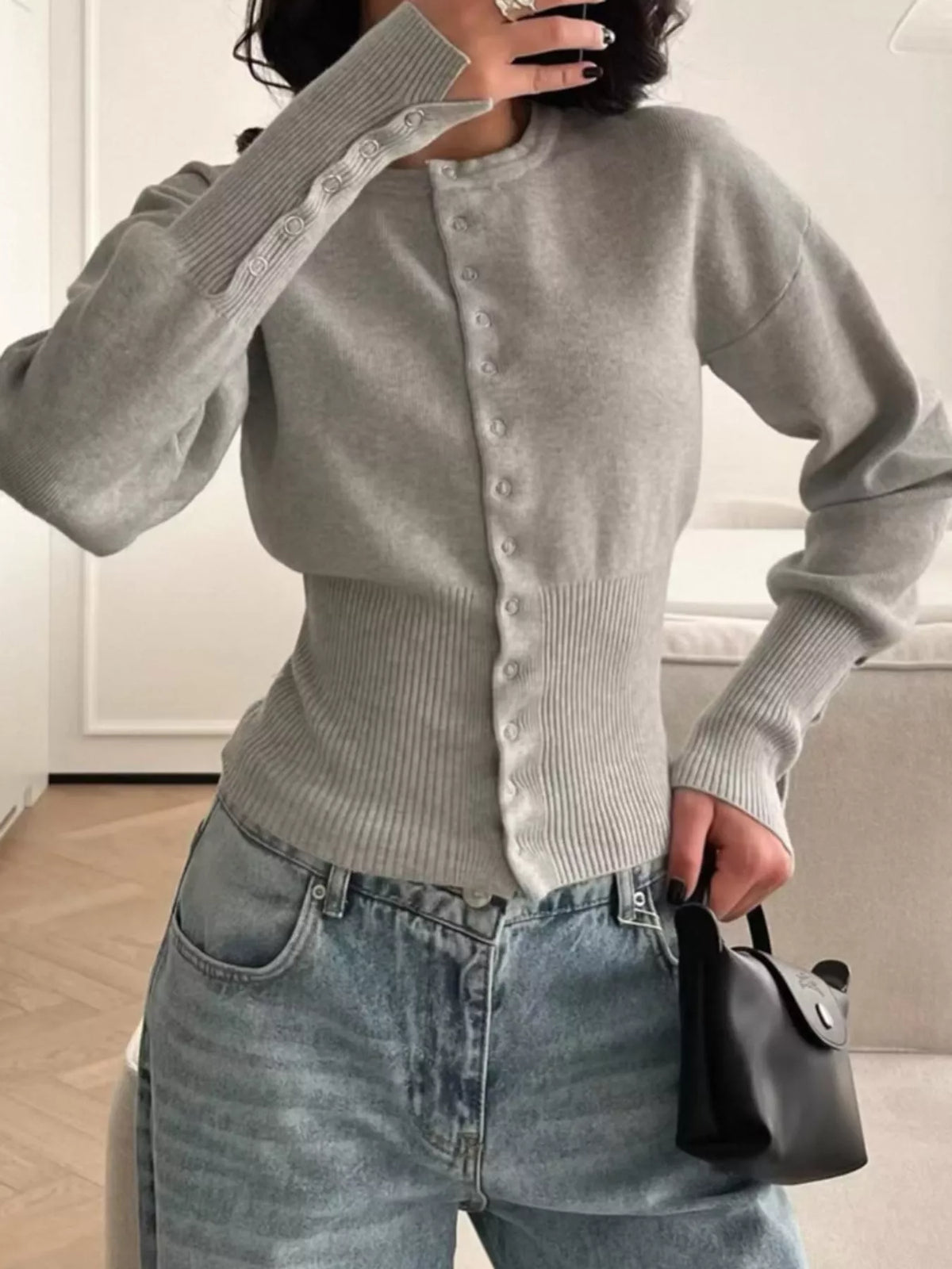 Gray button up ribbed waist cardigan