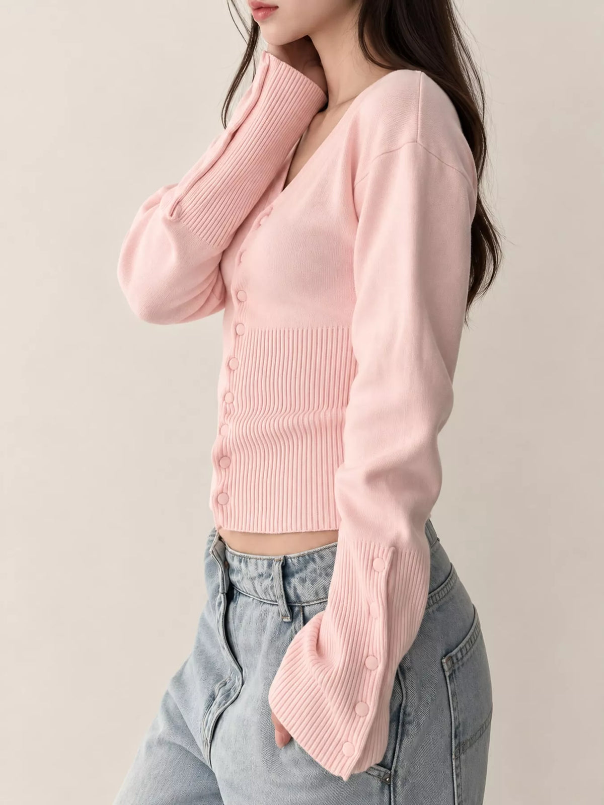 Pink button up ribbed waist cardigan
