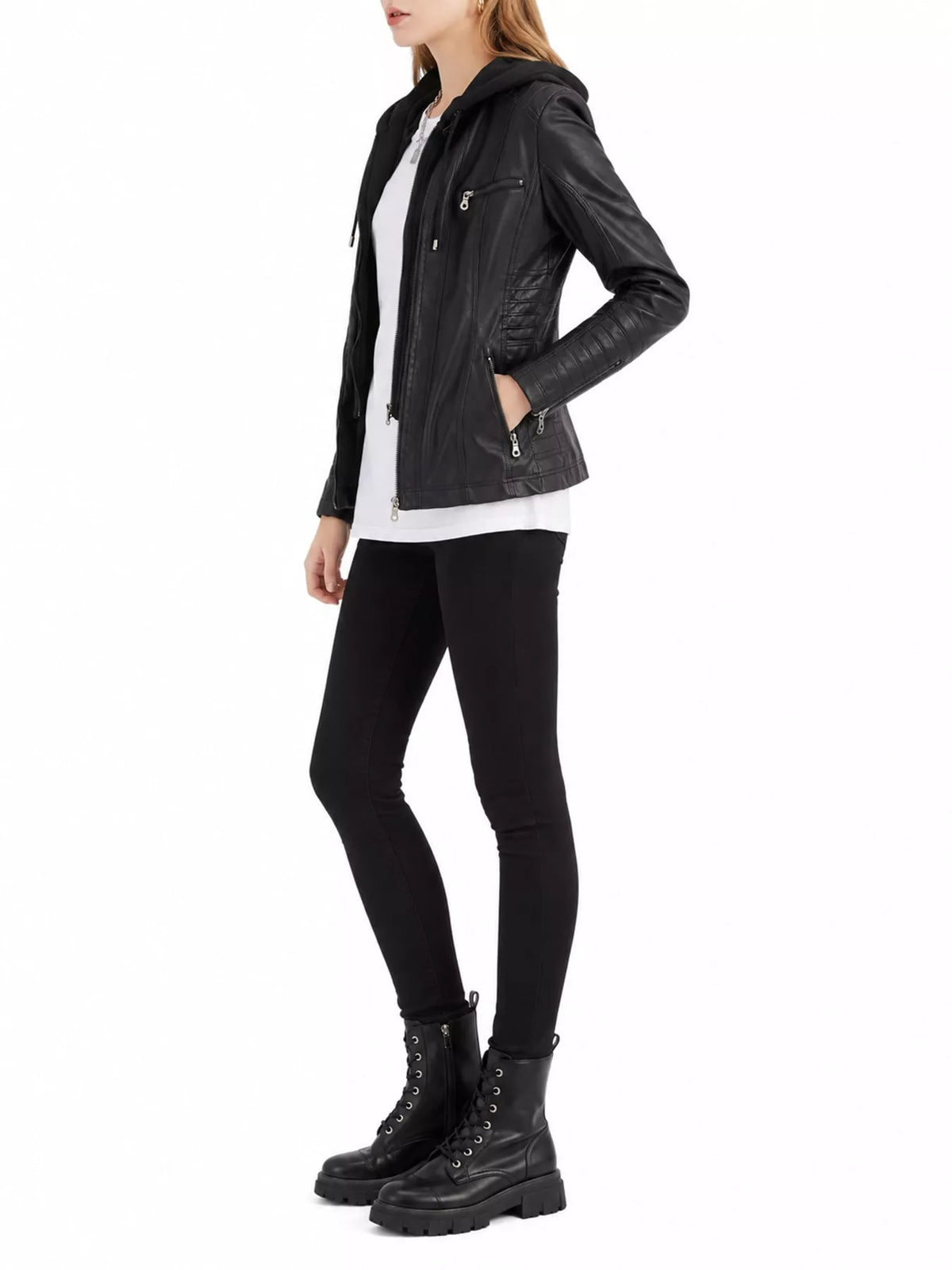 Hooded faux-leather jacket, black side