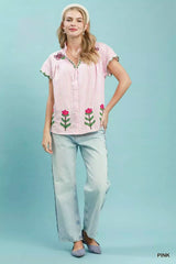 Trendsi Umgee Embroidered Stripe Button Front Top -