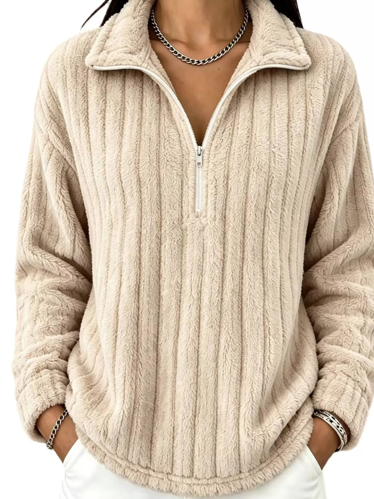 Beige quarter-zip dropped shoulder sweatshirt