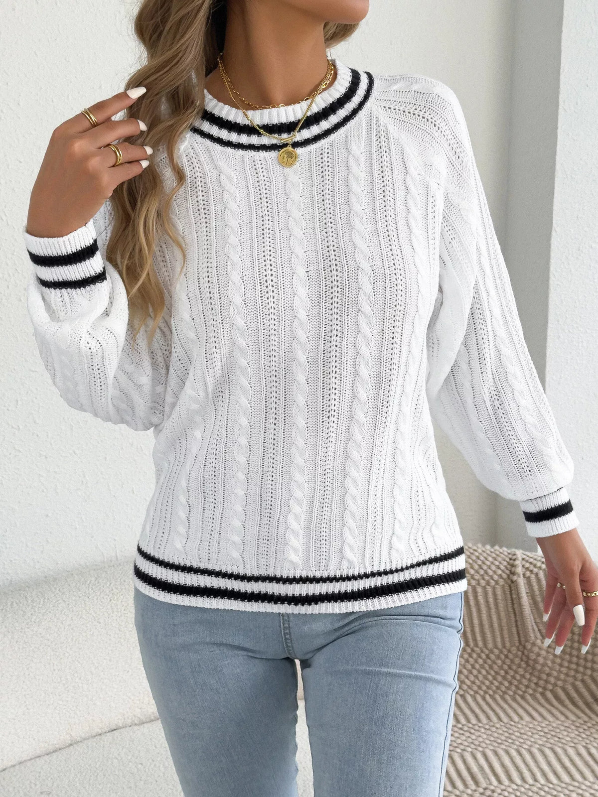 White striped trim cable knit sweater