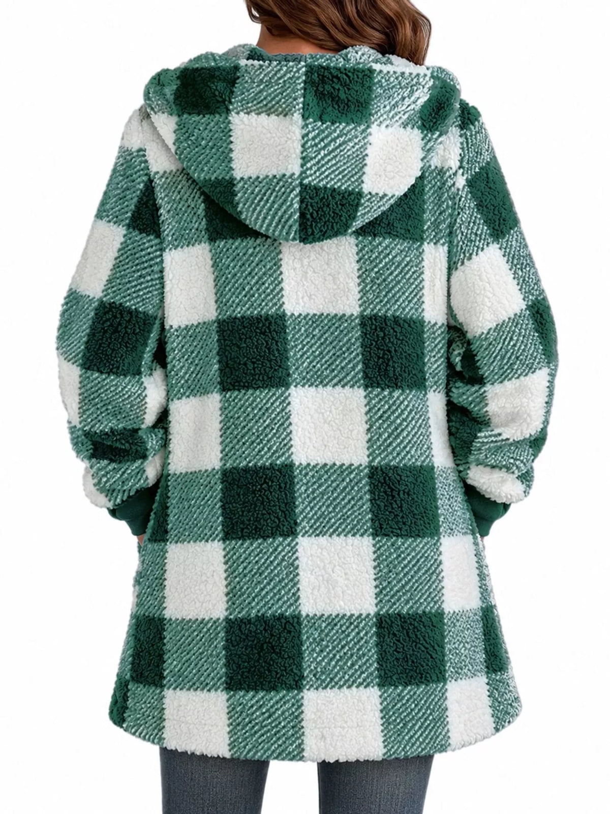 Green and white plaid sherpa hooded zip up jacket, back view