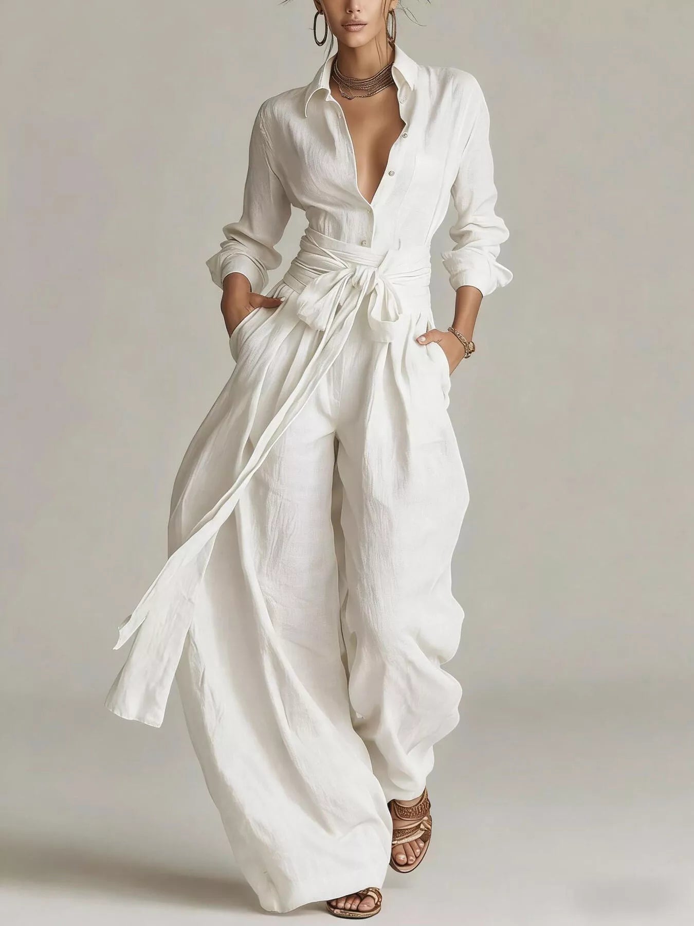 Trendsi Long-Sleeve Button-Down Waist-Tie Jumpsuit -