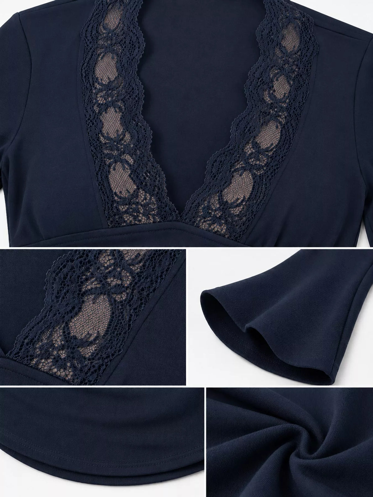 Royal Blue lace trim v-neck long sleeve slim fit t-shirt