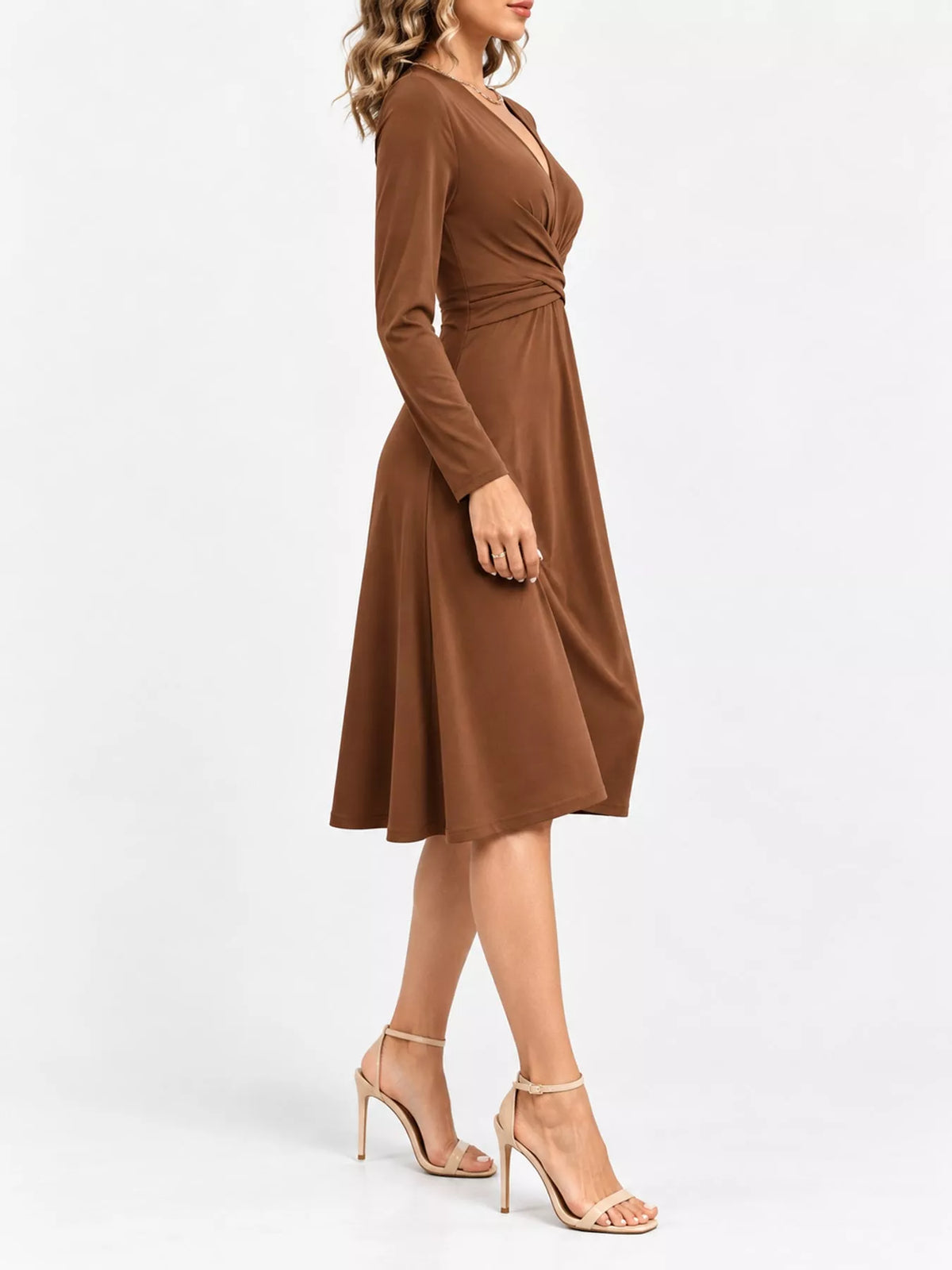Brown long sleeve ruched-front midi dress, side view