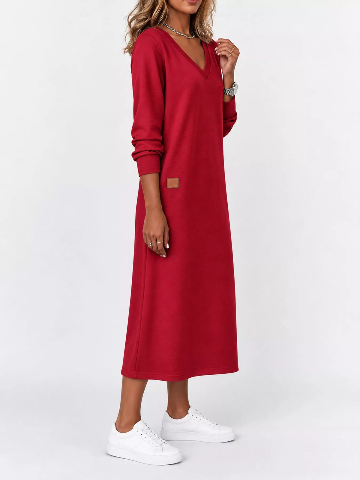 Women's V-Neck Long Sleeve Midi Dress in red — side view