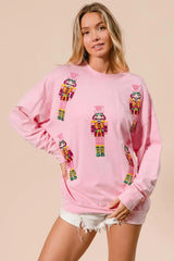 Trendsi BiBi Sequin Nutcrackers Embroidery Christmas Sweatshirt -