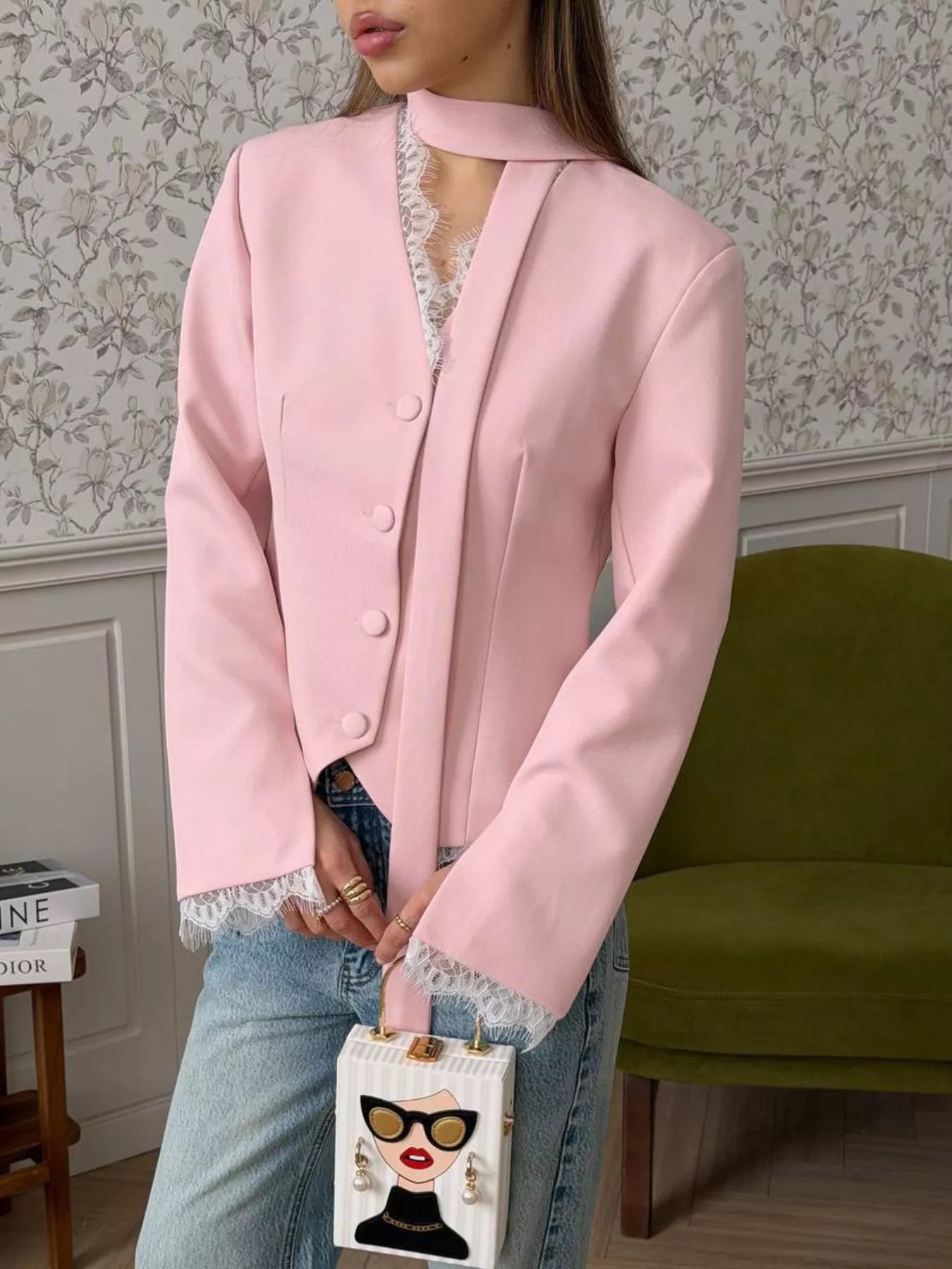 Trendsi Lace Trim Button Up Blazer -