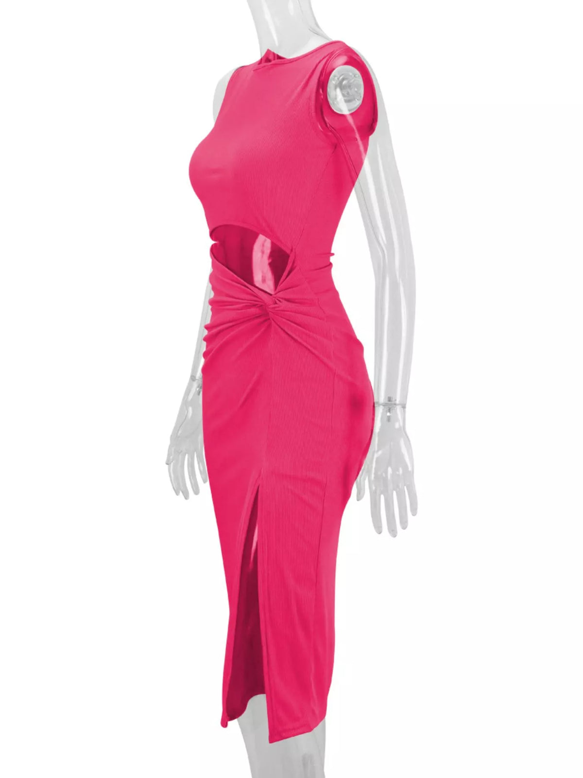 Women's Sleeveless Cut-Out Ruched High-Slit Bodycon Dress in pink — mannequin side view