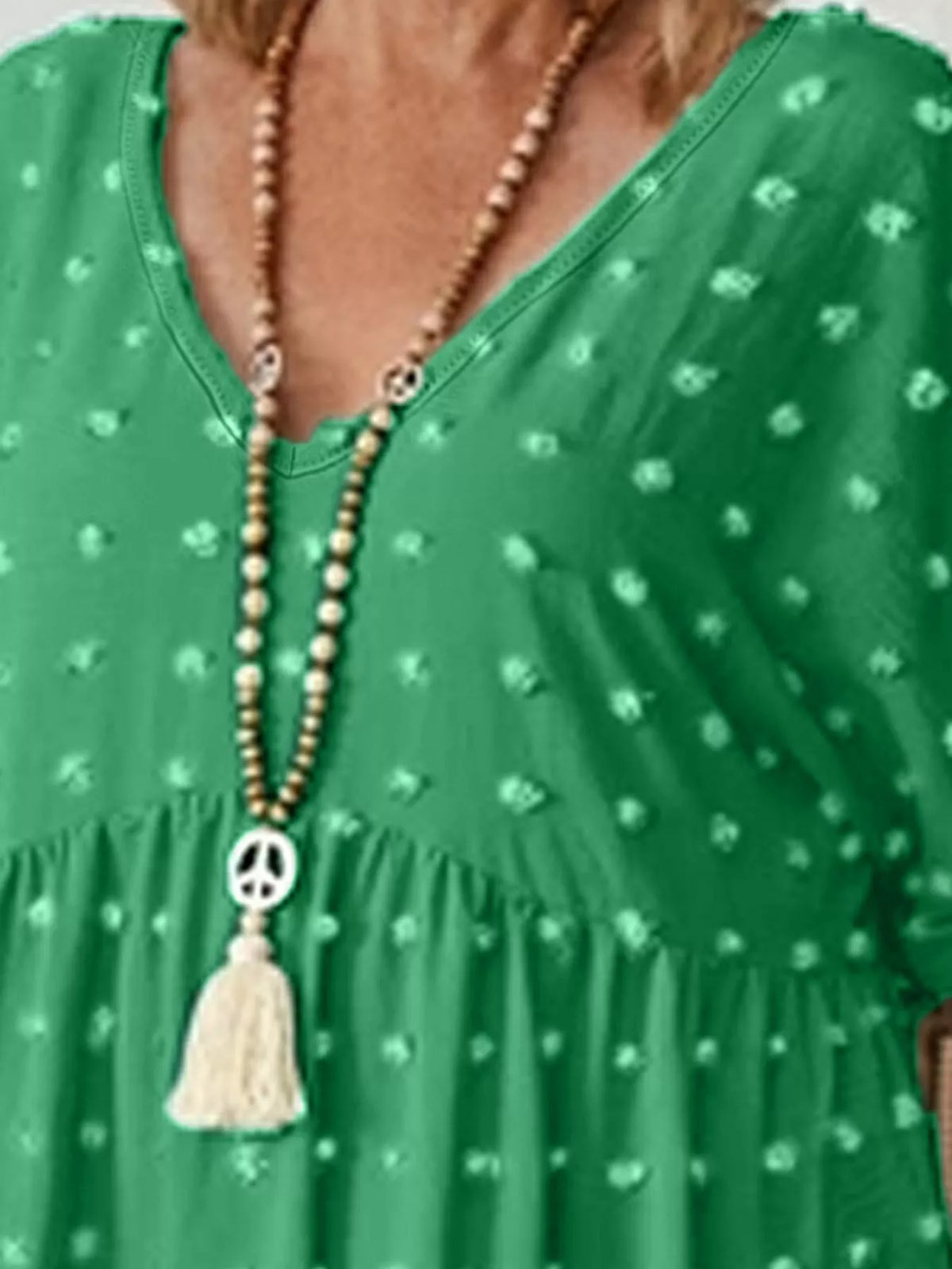 Swiss-dot blouse, green neckline detail