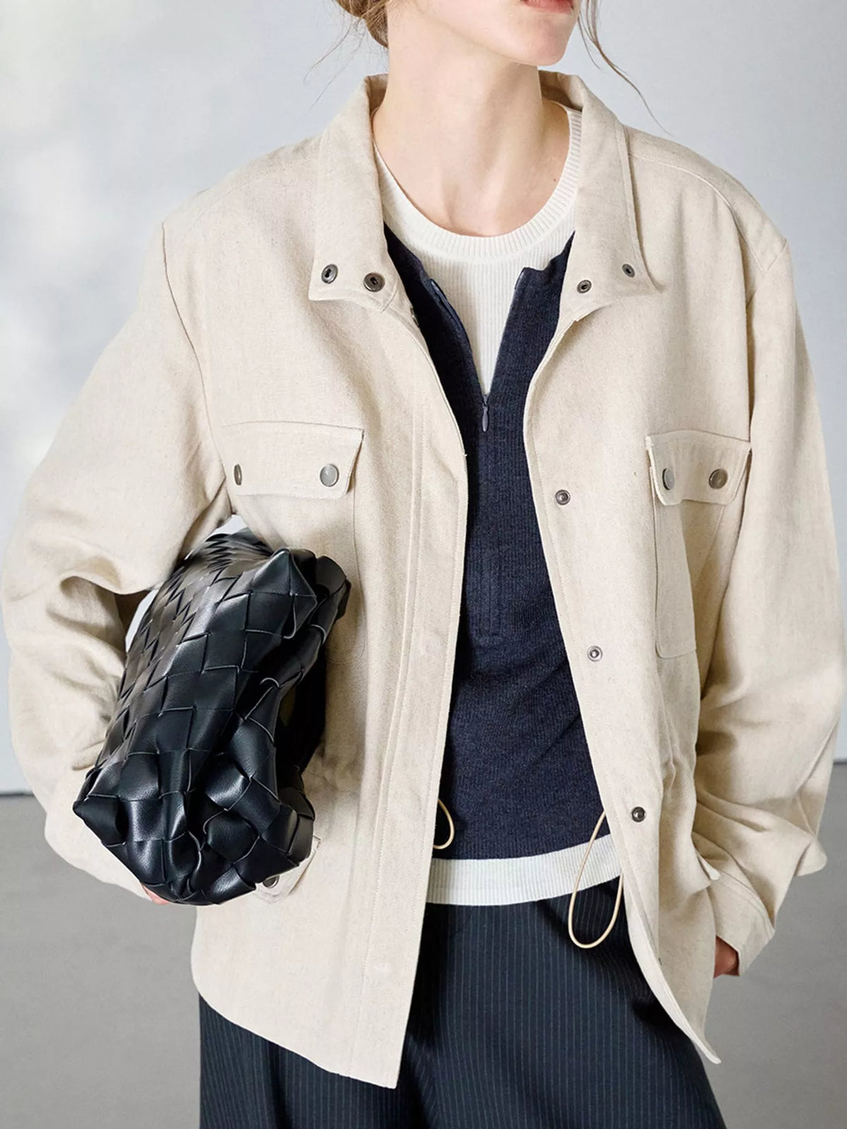 Drawstring utility jacket, ivory open front