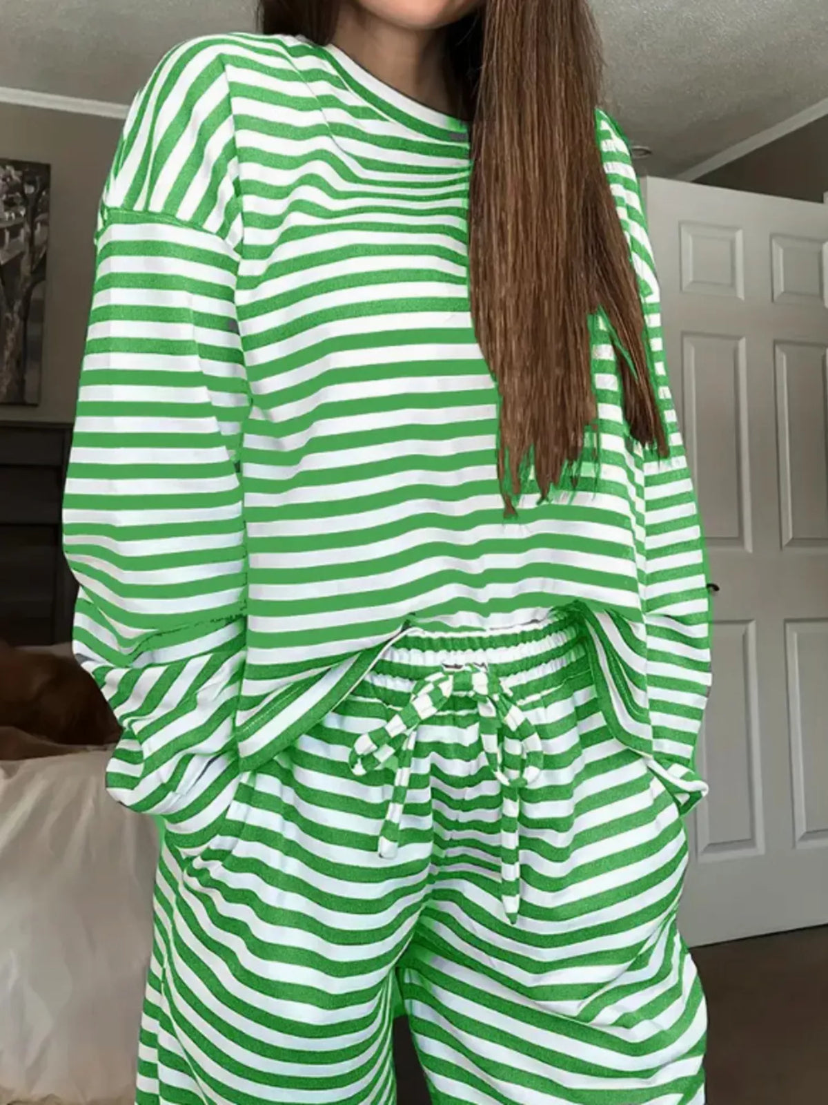 Green striped long-sleeve top and pants set, top and waistband detail