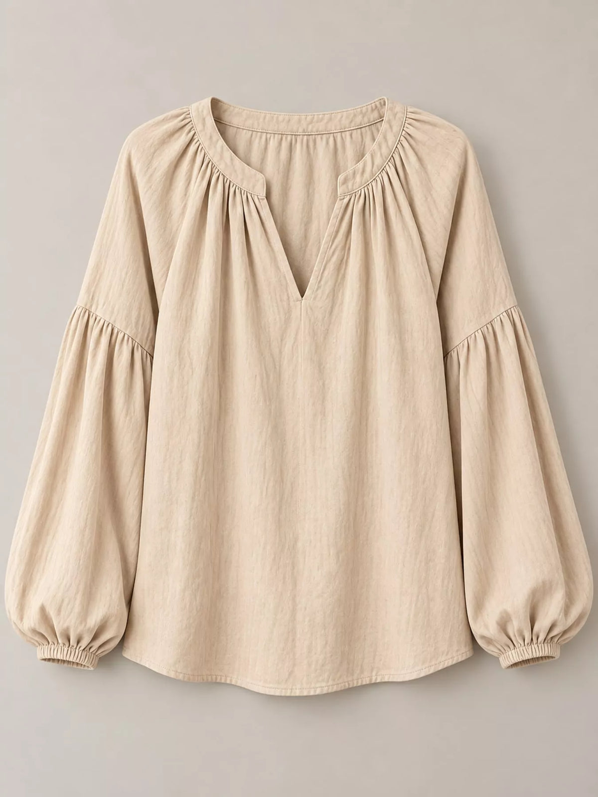 Notched Balloon Sleeve Blouse in beige, front view