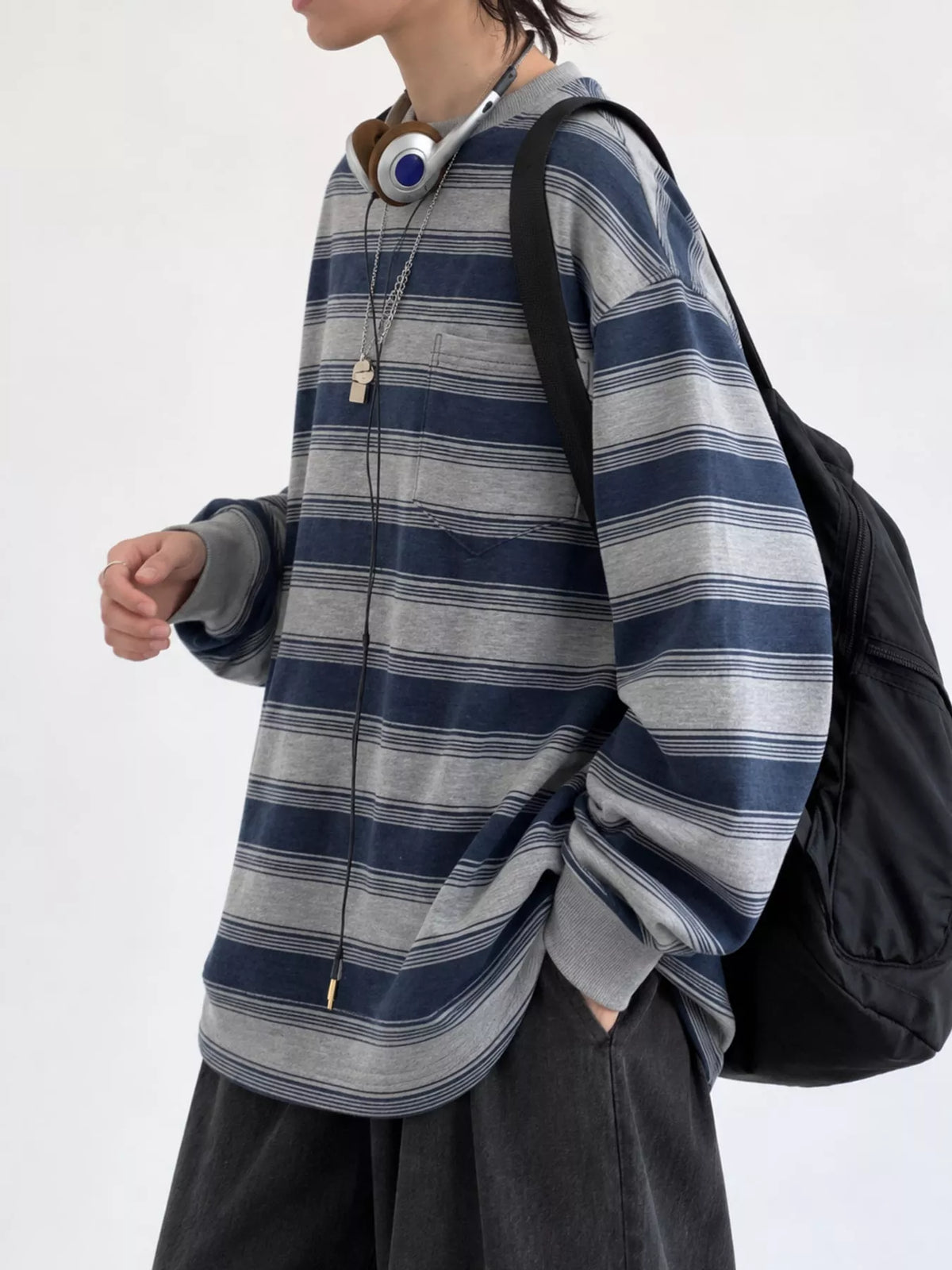Women's Oversized Striped Crewneck Sweatshirt with Chest Pocket in blue and gray — side view