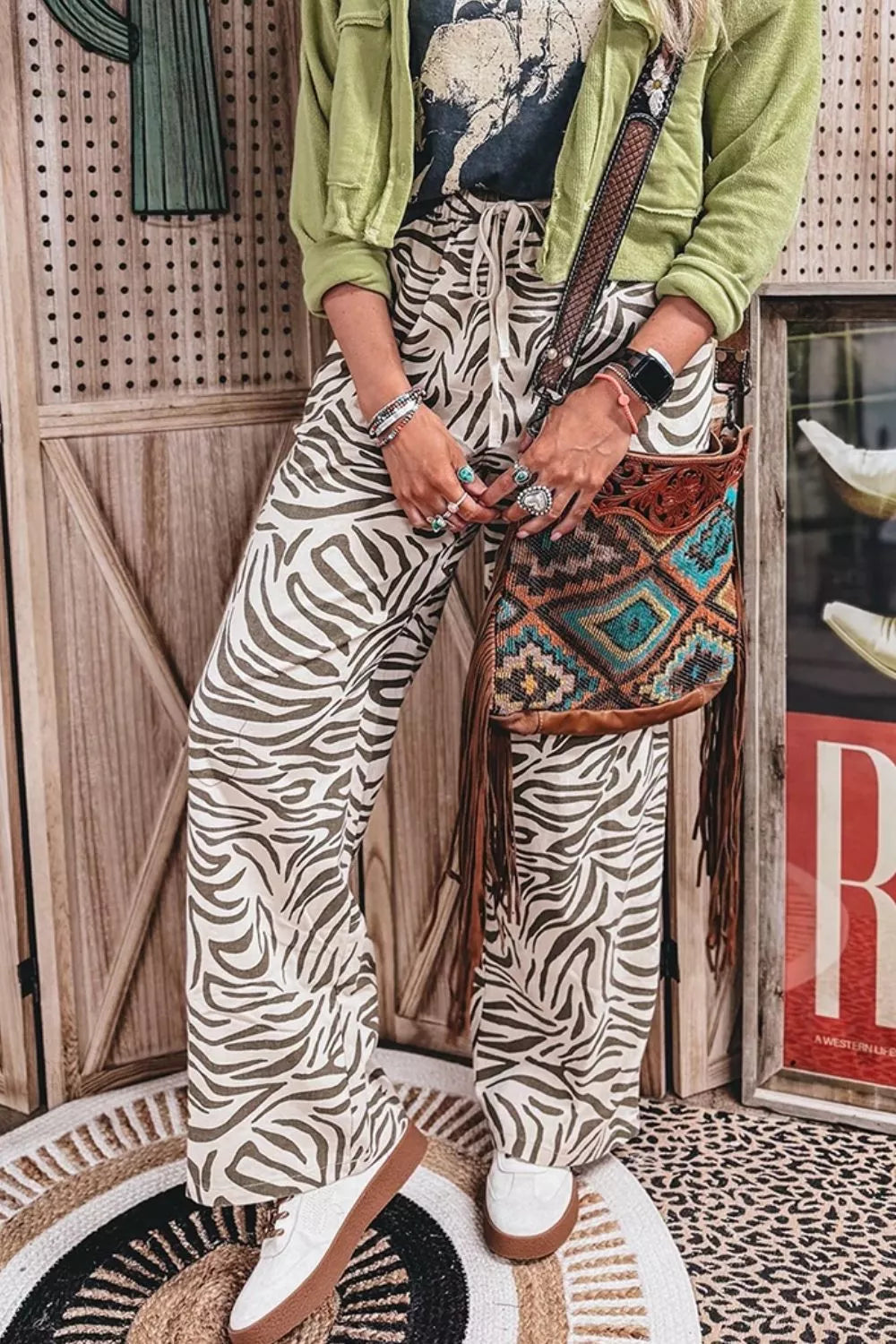 Trendsi Multicolour Western Print Zebra Pattern Elastic Waist Pocket Pants -