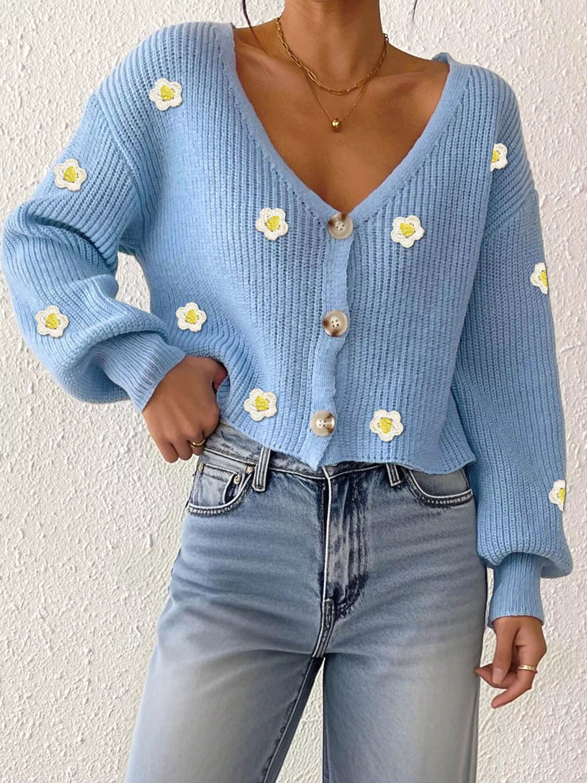 Floral V-neck button-down cropped cardigan