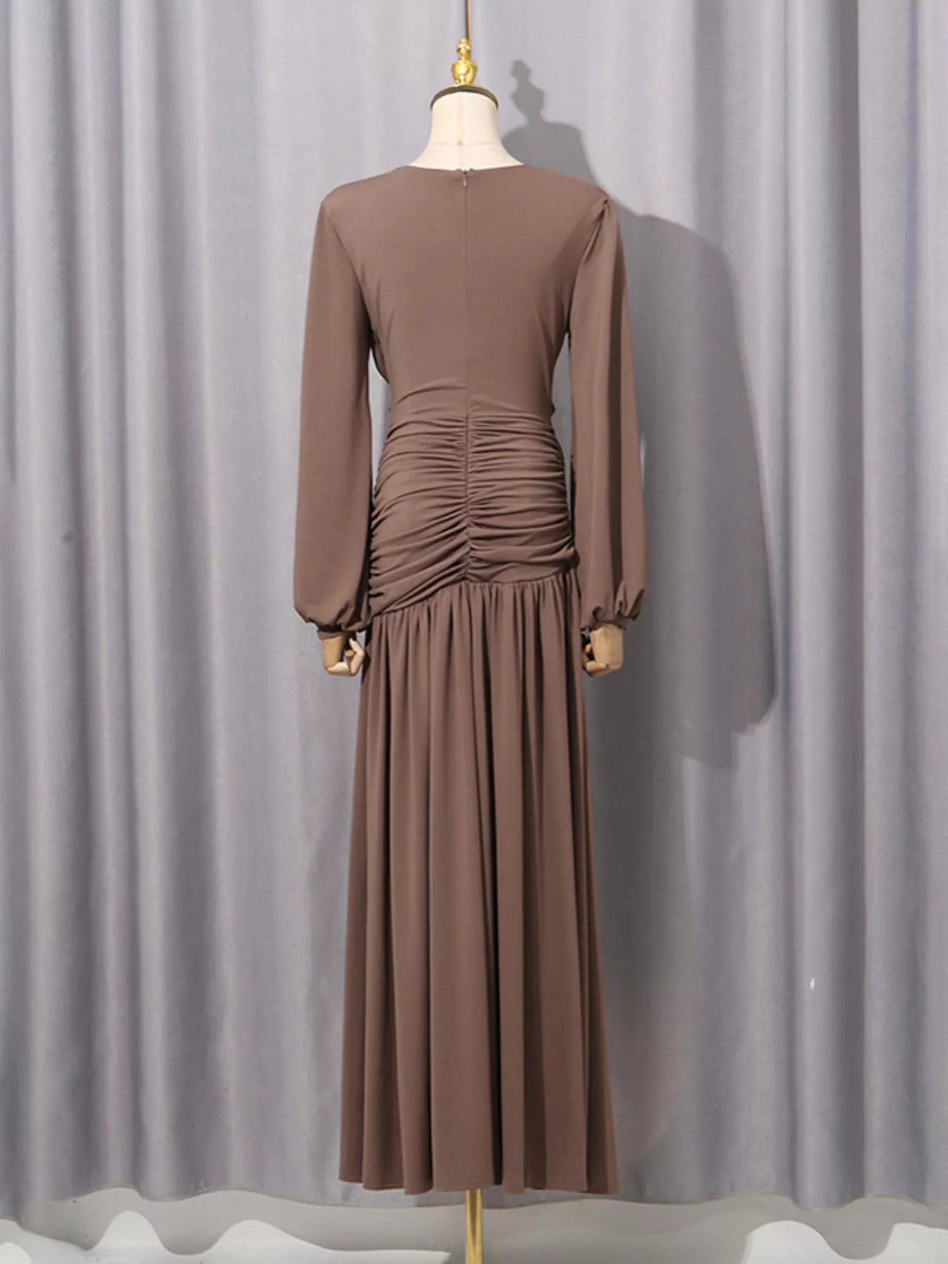 Trendsi Ruched Long-Sleeve Maxi Dress with Cutout Detail -