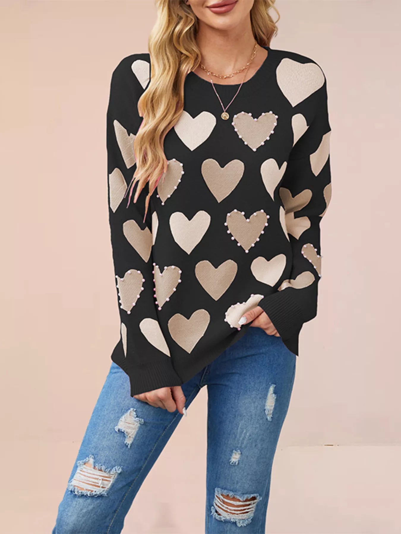 Trendsi Heart Pattern Pearl Embellishments Sweater -