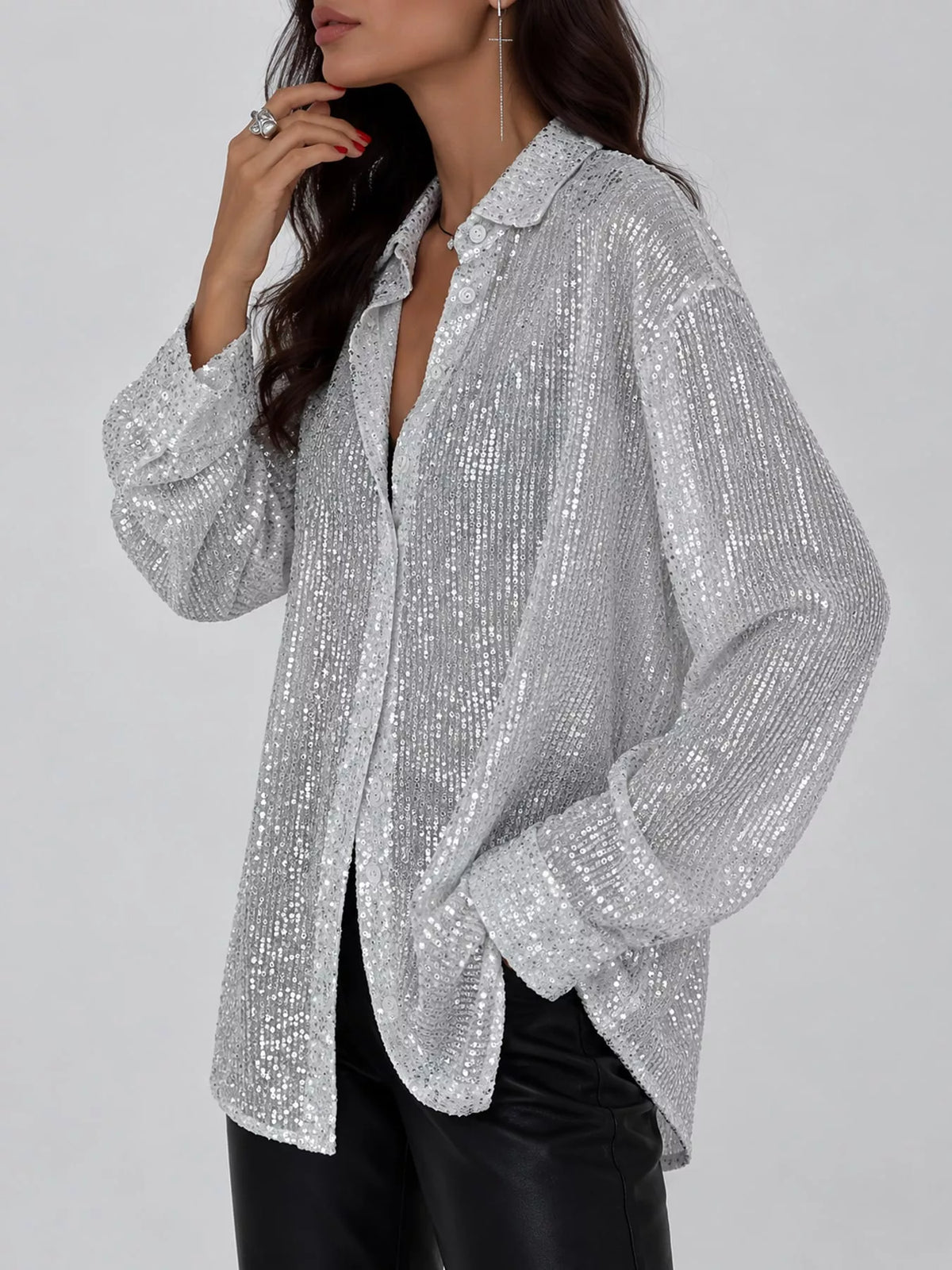 Silver White sequin button up long sleeve shirt