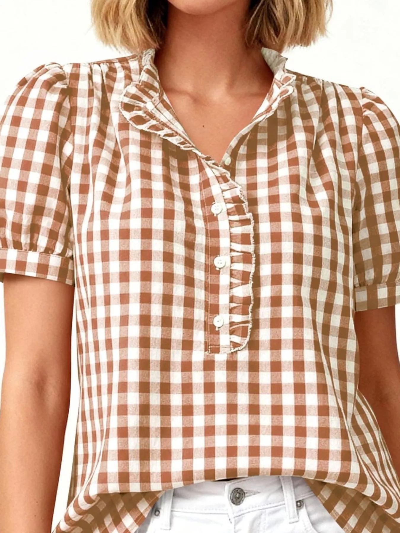 Trendsi Gingham Button Front Puff Sleeve Blouse -