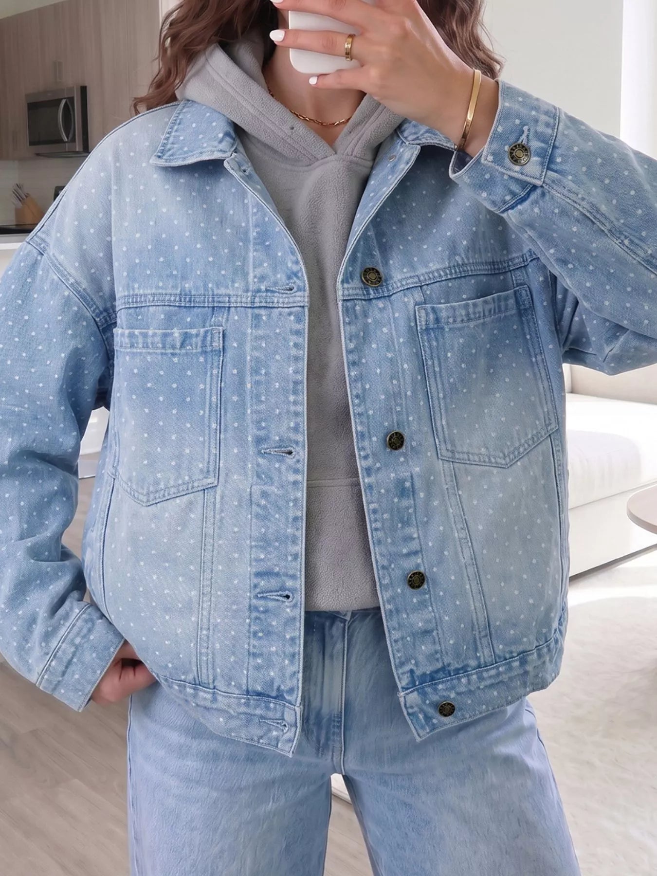 Trendsi Polka Dot Long Sleeve Collar Pocket Casual Shift Silhouette Denim Jacket -