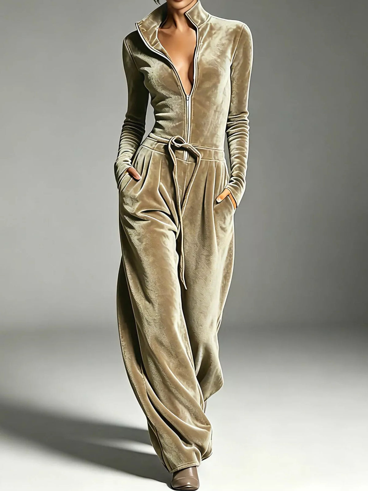 Beige velvet zip up jumpsuit with tie waist, front view