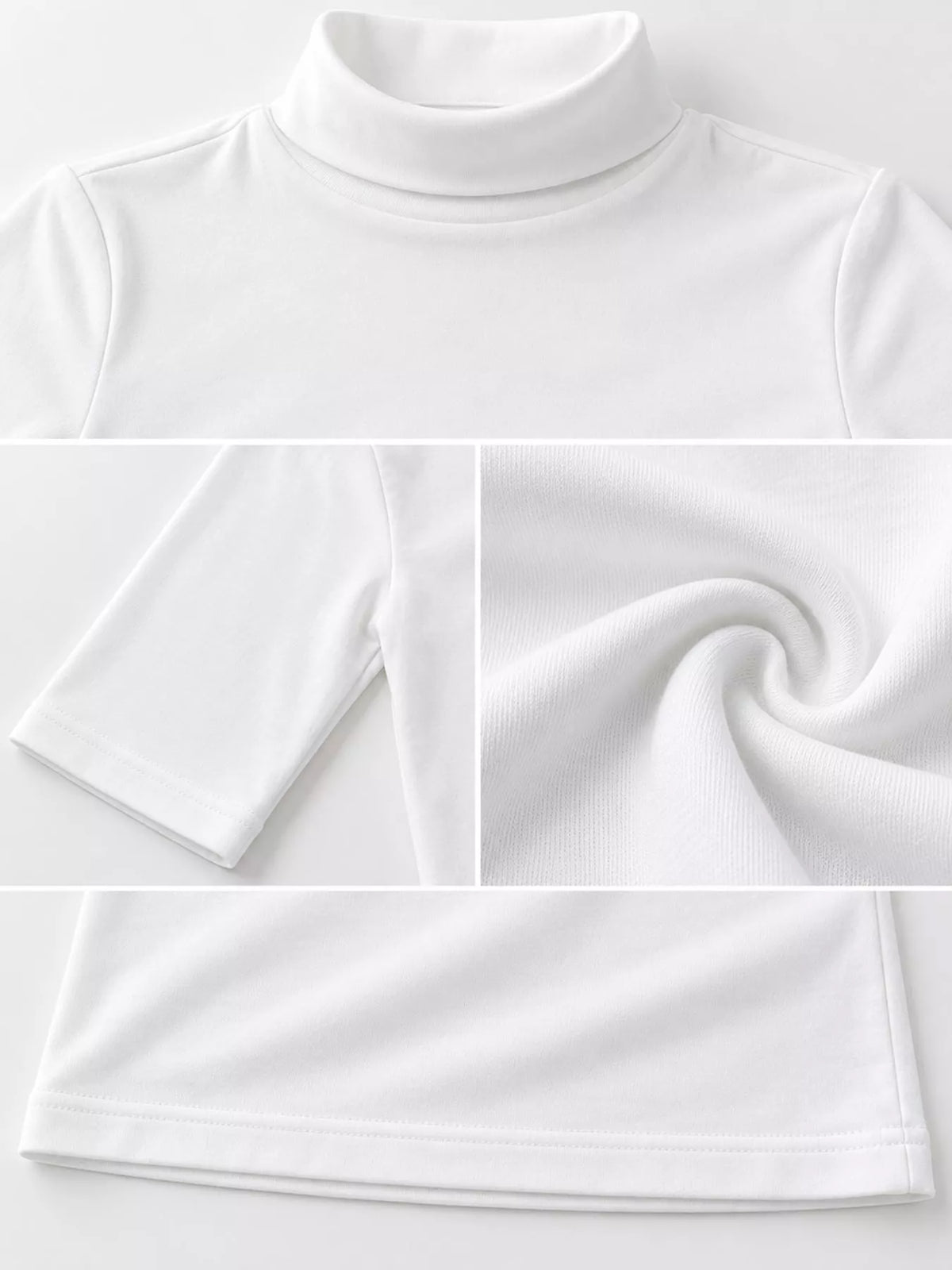 White mock neck half sleeve t-shirt, mock neckline, sleeve hem, and fabric texture