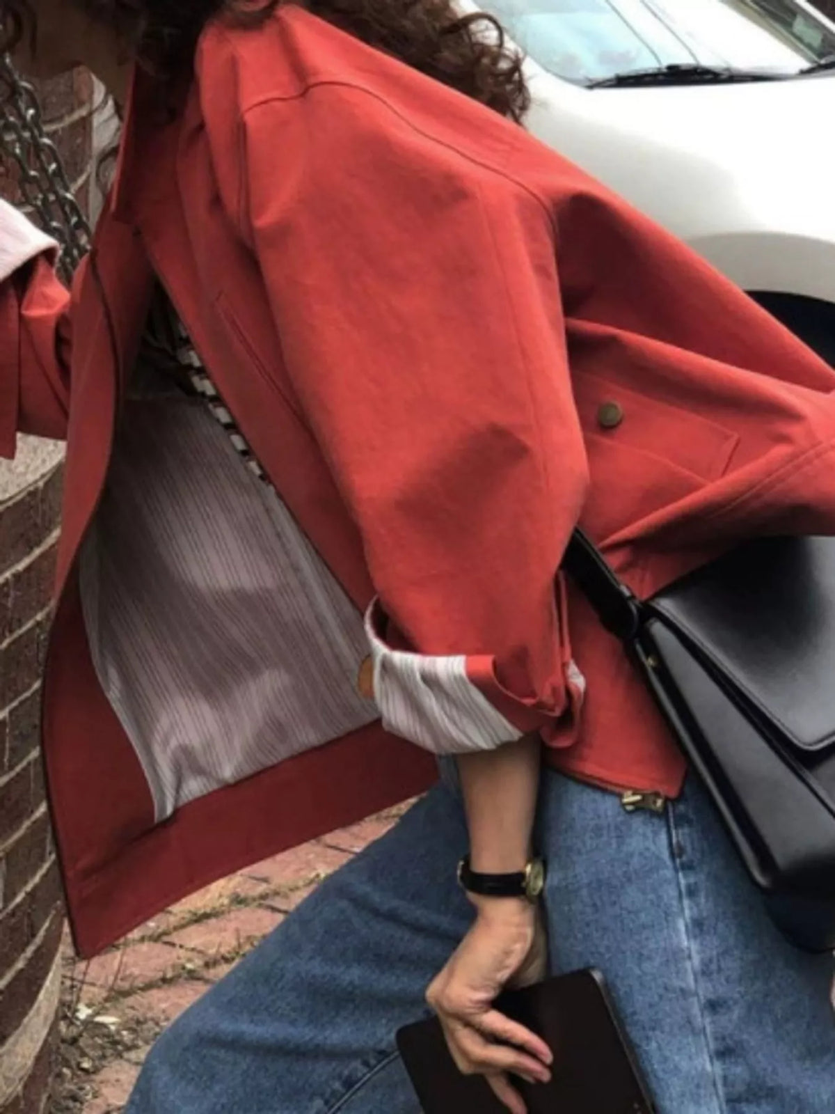 Red zip-up dropped shoulder jacket, open front and striped lining