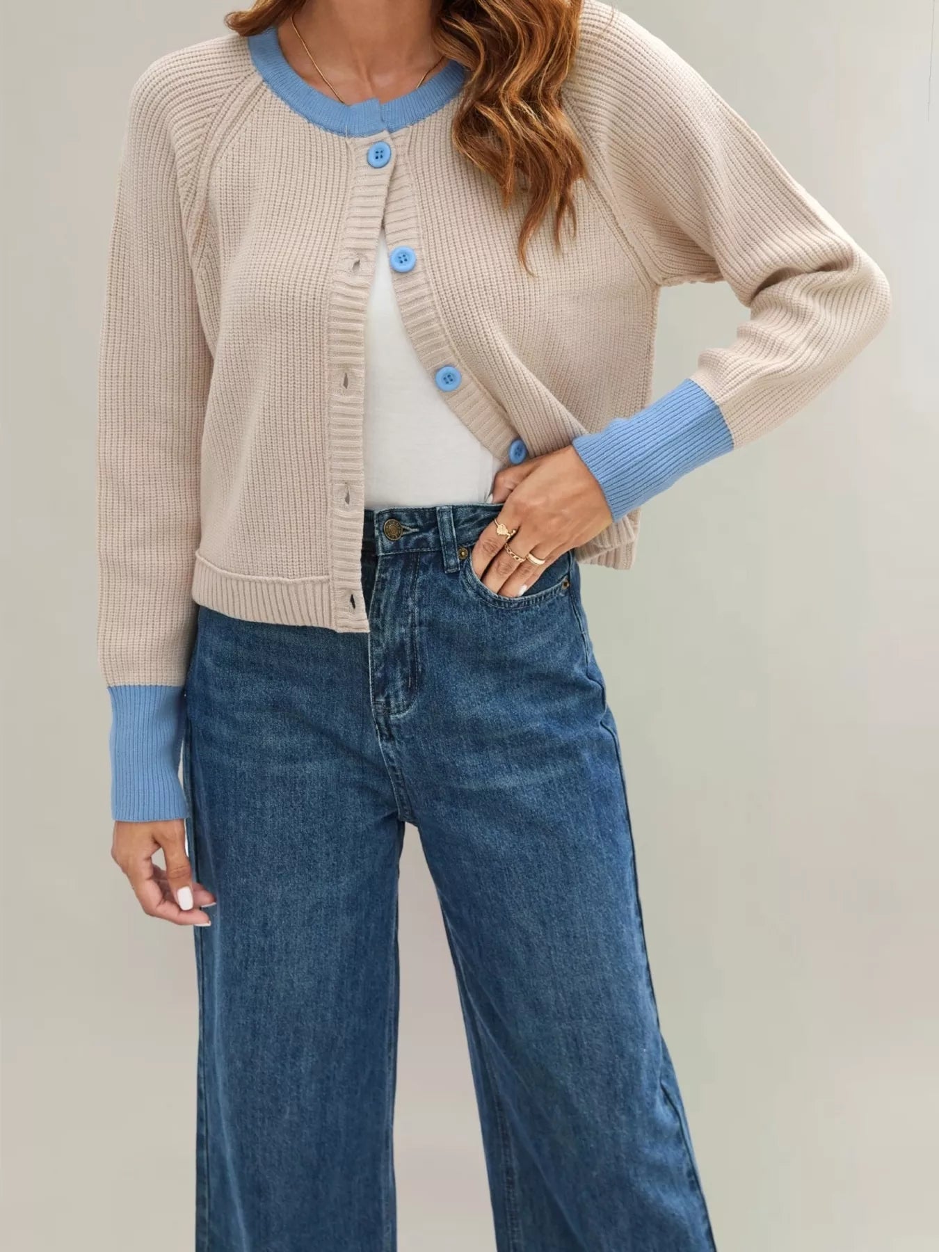 Trendsi Color Block Ribbed Knit Button-Front Cardigan -